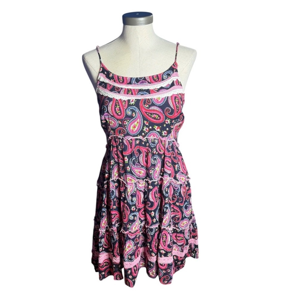 Barok NJ Couture Paris Paisley Tiered Mini Dress Pink Navy Boho Lace Trim M